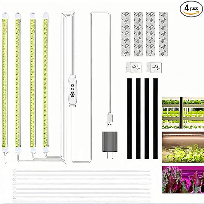 LED Plant Grow Light Strip Full Spectrum Indoor Plant Grow Light with Auto On/Off 3H/9H/12H Timer 192 LEDs / 4 Levels Dimmable for Hydroponics Seedlings Succulents etc. (4 Pack)