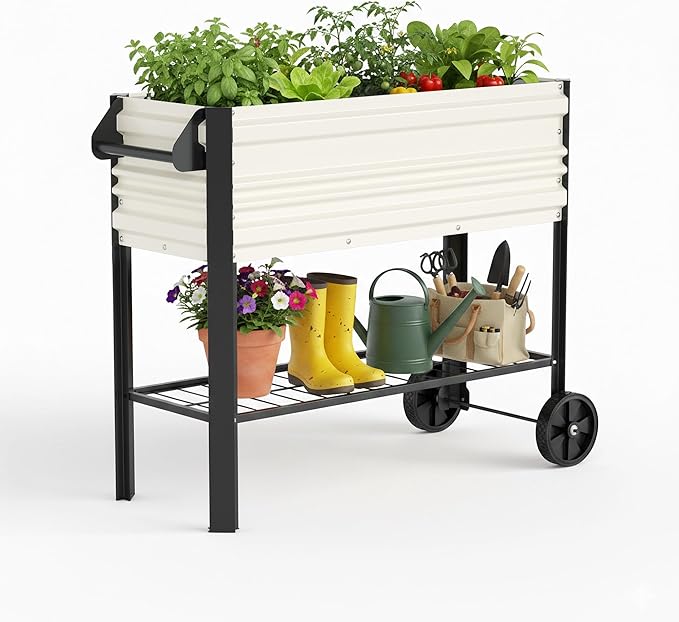 WORKPRO Galvanized Raised Garden Bed with Legs &amp Wheels 37x14.6x31.6in 400LB Capacity Elevated Planter Box for Garden Backyard Patio &amp Deck White
