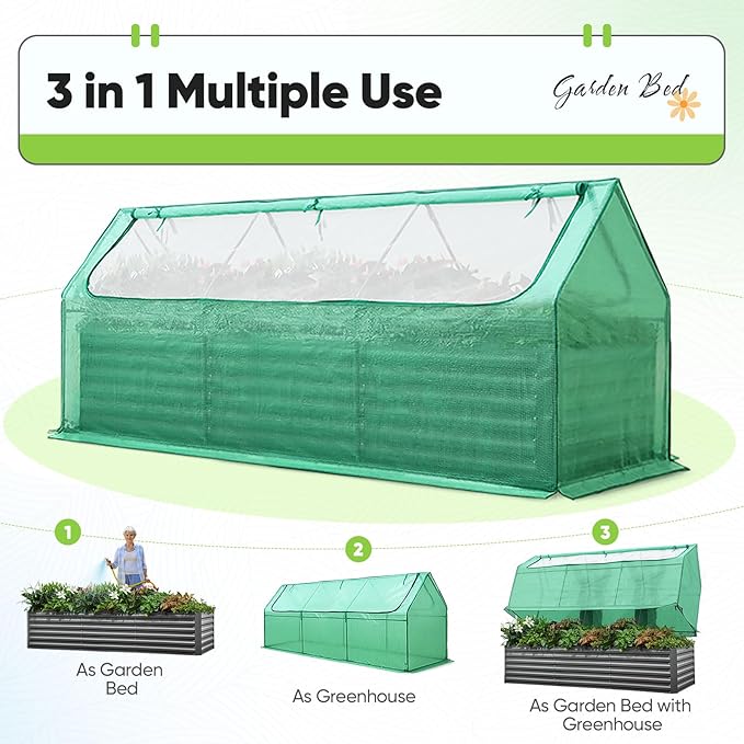 Quictent Raised Garden Bed Galvanized Raised Beds for Gardening Vegetables with Cover 8x4x2 ft Metal Planter Box Outdoor Use Green