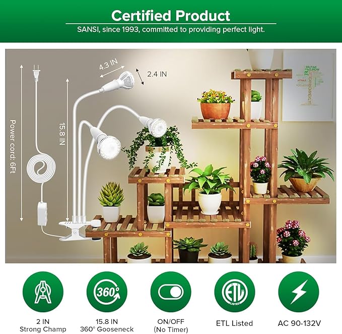 SANSI LED Grow Lights for Indoor Plants 450W Full Spectrum Clip-on Gooseneck Grow Light with Ceramic Tech.30W Plant Light with Optical Lens Lifetime Free Bulbs Replacement White No Timer