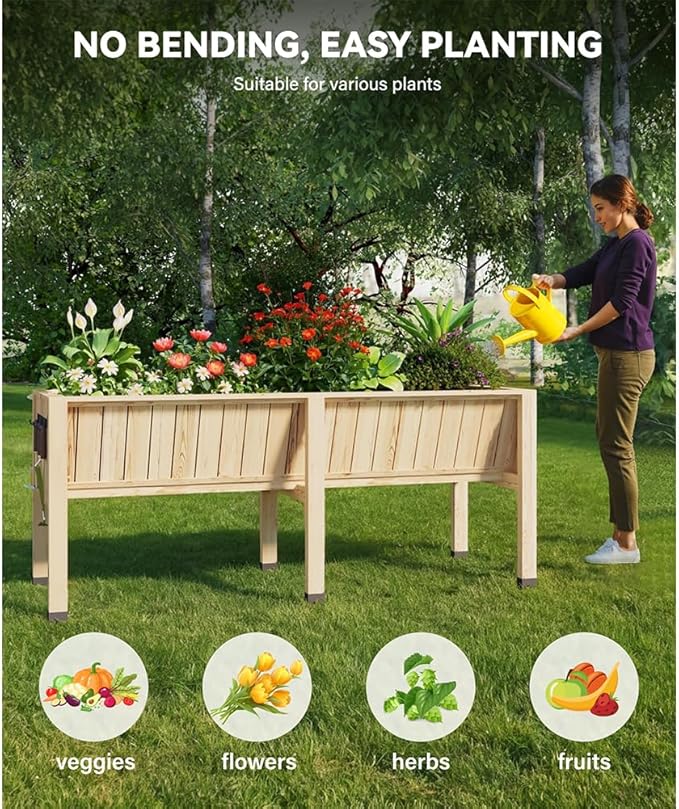 45x23x30in Raised Garden Bed Elevated Wood Planter Box Stand for Backyard Patio Balcony Planter Raised Beds with Hooks 300Lb Capacity