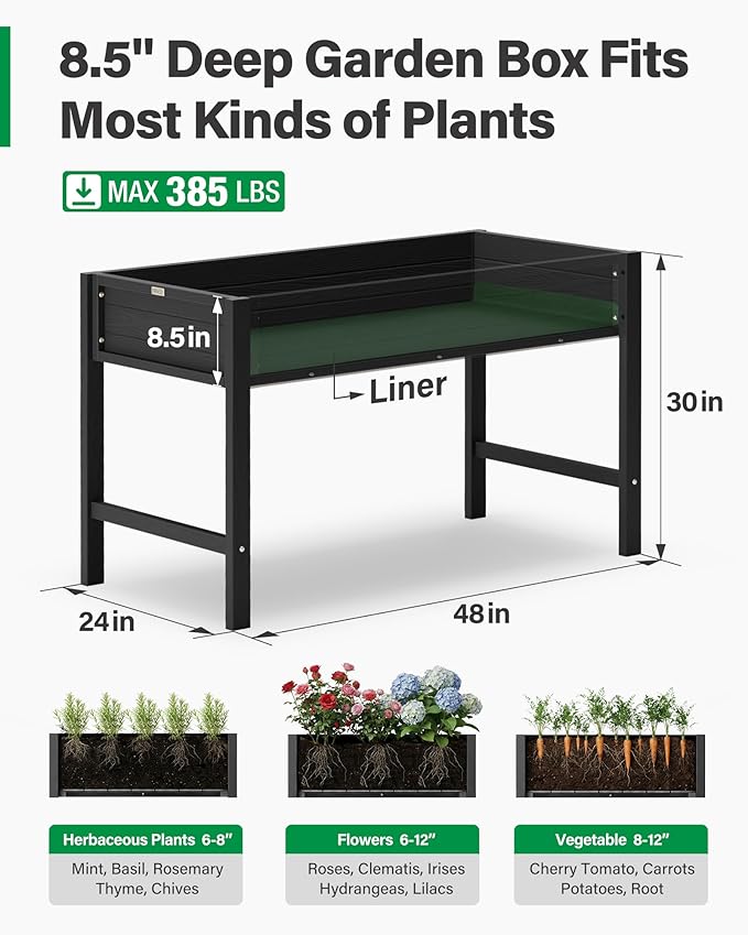 YEFU Raised Garden Beds Outdoor: 48x24x30in HIPS Elevated Planter Boxes Outdoor with Legs for Herbs Vegetables Flowers - Raised Garden Bed for Patio/Balcony - Accessible Gardening Comfort (Black)