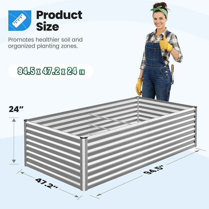 Quictent Galvanized Raised Garden Bed 8x4x2 Ft Tall Metal Planter Box for Vegetables Outdoor Bottomless for Backyard 2 Tomato Cages Included 22.04 Deep (Silver)