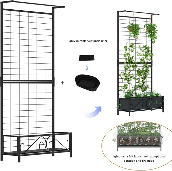 Zhongma Metal Planter with Trellis Raised Bed with Trellis for Vine Climbing Plants Flowers(12.8 x 35.43 x 74 in) 74 Inch Height Privacy Screen with Hanging Plant Pot Shelf