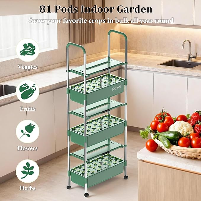 Hydroponics Growing System Kit 81 Pods Vertical Indoor Herb Garden with Smart LED Grow Light Auto Circulating Water Pump Each Tier 42L Hydroponic Gardening Systems for Ideal Gifts (Green)
