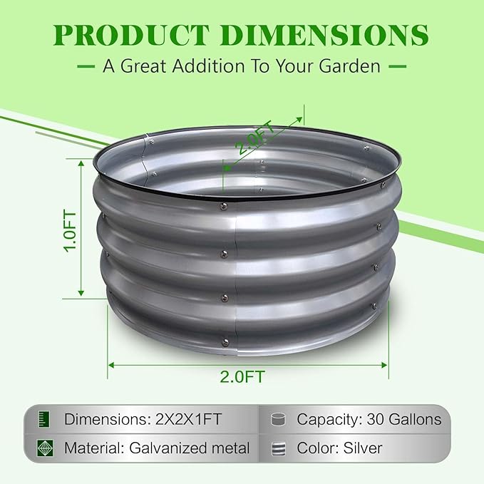 GrowHaus 2x2x1FT Galvanized Raised Garden Bed Planter Boxes Outdoor Round Metal Garden Beds for Planting Vegetables Flowers Herbs Silver