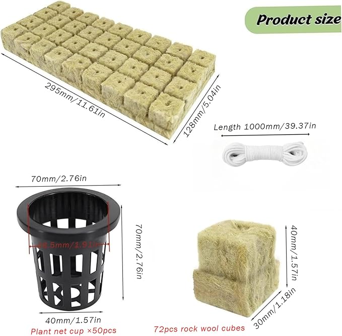 Rockwool Cubes Hydroponic Growing System with Net Pots - 72 Plugs 50 Cups &amp 20m Wick for Hydroponics