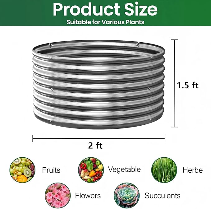 4 Pack Tall 2x2x1.5ft Round Galvanized Raised Garden Bed Outdoor Metal Garden Bed for Vegetables Above Ground Garden Box for Flower Steel Raised Beds for Gardening