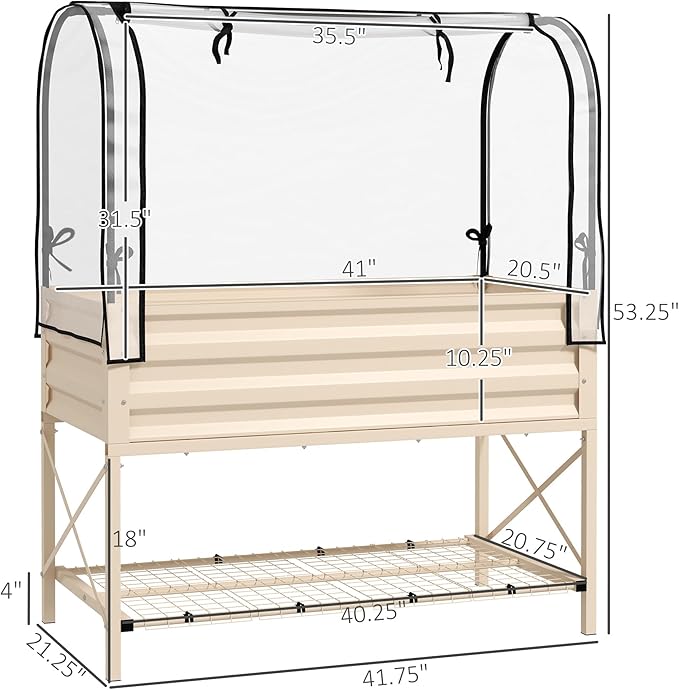 Outsunny Raised Garden Bed with Cover and Storage Shelf Rectangular Metal Elevated Planter Box with Legs and Bed Liner for Vegetables Flowers Herbs Cream