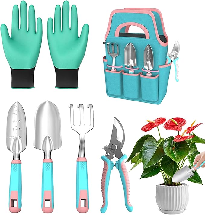 Garden Tool Set - Planting Gloves Trowel Rake Sturdy Hand Tools with Carry Tote Indoor Outdoor Lawn Backyard Patio Balcony Greenhouse Easy Gardening Kit for All Skill Levels