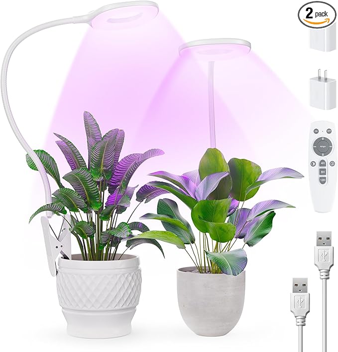 Full Spectrum Grow Lights for Indoor Plants Clip On Plant Lights for Indoor Growing with 4/8/12H Timer 3 Light Modes 10 Dimmable Levels Adjustable Gooseneck Remote Control 2-Pack