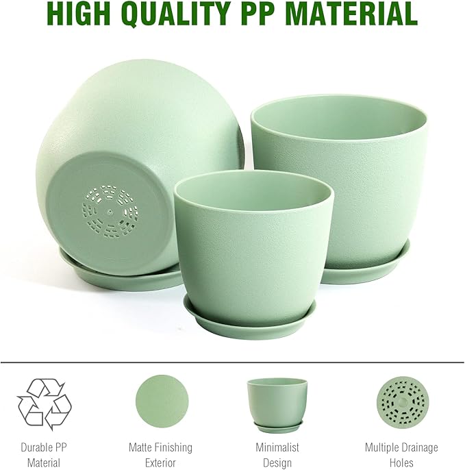 WOUSIWER Plant Pots 10/9/8 inch Set of 3 Modern Decorative Plastic Planters with Drainage Holes and Saucers for House Plants Indoor Flowers Plants Green