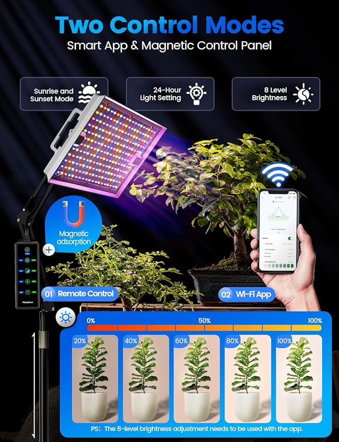 Plant Grow Light [Smart APP &amp Expansive 2x3 Ft Coverage] Genuine 100W Output LED Full Spectrum for Indoor Plants 8-Level Brightness Hanging Use with Remote Control（Hanging Use）