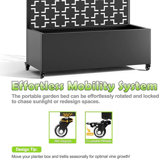 15.7×70.9×35.4 Metal Raised Garden Bed with Trellis and Wheels - Tall Trellis Planter Box for Climbing Plants Vegetables &amp Vines - Outdoor Privacy Planters for Patio (Black-Square)