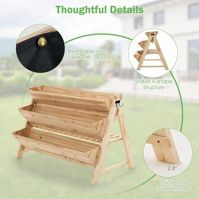Giantex Raised Garden Bed Vertical Planter with Storage Shelf 3 Tier Elevated Planter Box with Side Hooks Indoor Outdoor Wood Garden Bed for Balcony Garden Lawn (Natural)