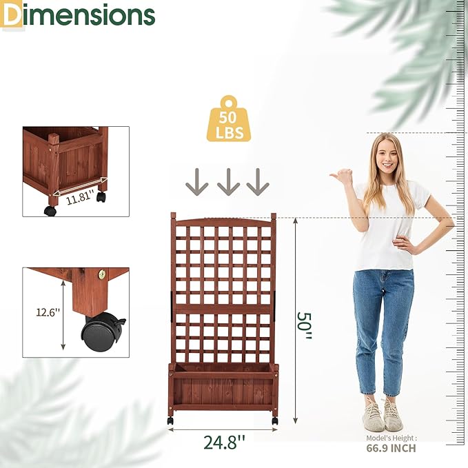 Outvita Mobile Wood Planter Box with Trellis &amp Locking Wheels Standing Raised Garden Bed with Drainage Holes for Outdoor Climbing Plants Vine Flowers Herbs (Cedar Brown)