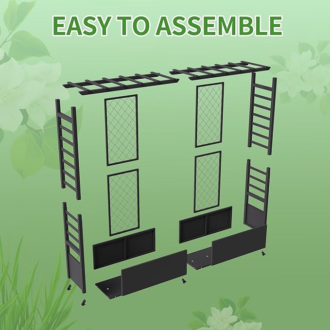 74 Mobile Planter with TrellisWeatherproof Vertical Raise Garden Bed with Trellis &amp Hanging Roof for Climbing PlantsFlowersVegetablesRust-Proof Metal Privacy Planter for Patio (Black-B)