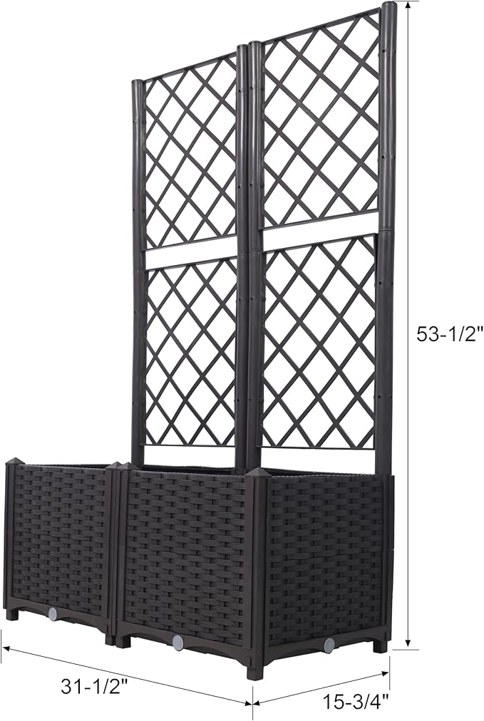 Rattan Trellis Raised Bed Plastic Planter Boxes with Drainage Plug 2 Removable Pots with Large Flower Boxes Built-in Support for Climbing Plants Outdoor Patio Garden Decoration (Brown Style 3)
