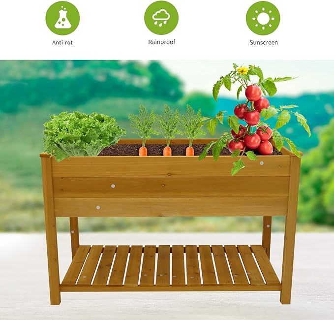 Raised Garden Bed Planter Box with Legs &amp Storage Shelf Wooden Elevated Vegetable Growing Bed for Flower/Herb/Backyard/Patio/Balcony 48.5x30x24.4in