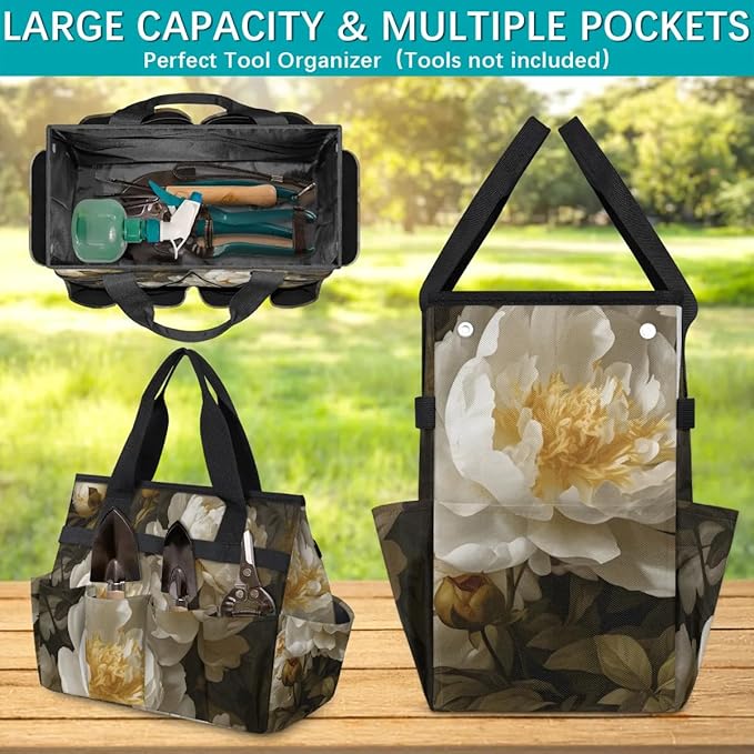 Garden Tool BagFloral Peony Flower Gardening Organizer Bag With Pockets Garden Tool Kit Storage Tote for Women Men Garden Tool Set Holder
