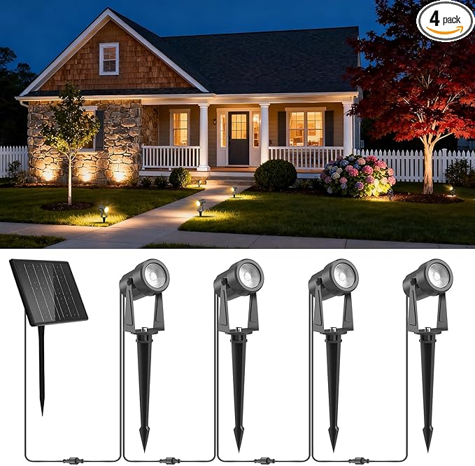 ZYAN Solar Landscape Spotlights Separate Monocrystalline Panels &amp USB-C Powered 5400mAh Auto On Off Dusk to Dawn Outdoor IP65 Waterproof Warm White for Yard Path Patio (100 Lumens × 4 Pack)