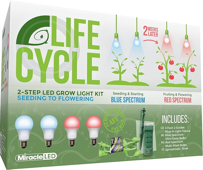 Miracle LED Plant Life Cycle 2-Socket Synchronized Grow Light Kit with 2 Blue Spectrum Ultra Grow Bulbs and 2 Red Spectrum Multi-Plant Bulbs and Sproutmatic All-Weather Timer Controls (2-Pack)