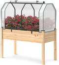 Raised Garden Bed with Greenhouse Cover Elevated Wooden Planter Box Outdoor Gardening Planting Bed for Vegetables Flowers &amp Herbs Grow Backyard Patio Lawn (White+Natural)
