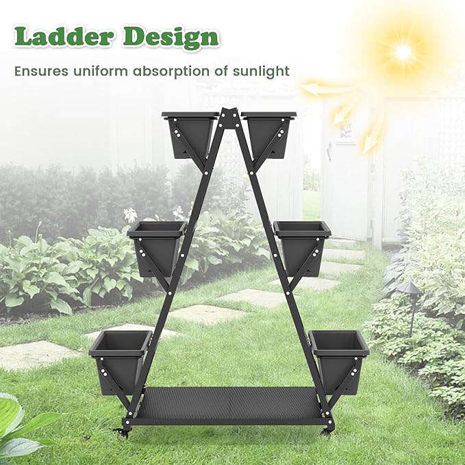 HAPPYGRILL Raised Garden Bed Vertical Garden Planter with Lockable Wheels Drainage Holes 3-Tier Elevated Planter Box for Deck Patio Balcony Perfect for Vegetables Flowers Herbs Tools