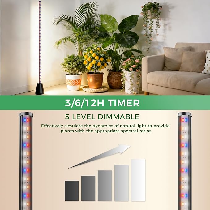 Grow Lights for Indoor Plants with Timer 60 Inch Vertical Grow Light Full Spectrum 192 LEDs 24W with 3/6/12H Auto On/Off Remote 3 Light Modes 5-Level Dimmable Standing Plant Lamp