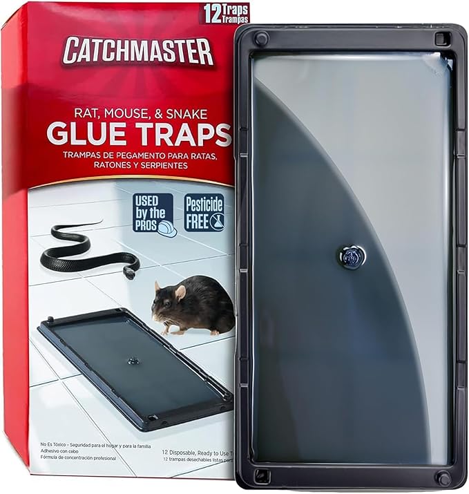 Catchmaster Rat Snake and Mouse Traps 12Pk Large Bulk Glue Rat Traps for Home Adhesive Plastic Tray for Inside House Snake Mice &amp Spider Catcher Pest Control for House &amp Garage