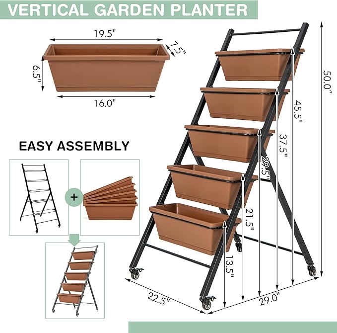 Raised Garden Bed on Wheels 5-Tier Elevated Planter Box with Removable Base Drainage Hole &amp Metal Frame Outdoor Garden Planter Container for Flower Vegetables (1 Brown)