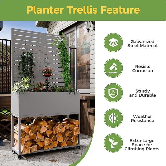 Raised Garden Bed with Trellis Metal Raised Planter Box with Trellis Privacy Planters for Patio Raised Garden Beds Outdoor Standing with Drainage Holes Wheels Grey