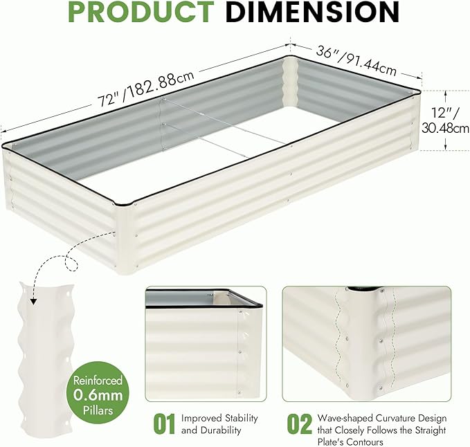 INNO STAGE Galvanized Raised Garden Bed Kits 6x3x1ft Metal Raised Garden Beds Outdoor Large Steel Raised Planter Bed with Gloves for Vegetables &amp Flowers Patio Ground Planter Box (White 2PCS)