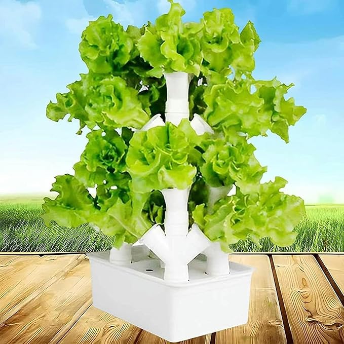 Vertical Hydroponic Tower Vegetable Plant Tower 16/24/32 Pots PVC Pipe Hydroponic Kit Aquaponics Growing System for Leafy Vegetables Herbs Garden Grow Lettuce and Fruits (16Holes)