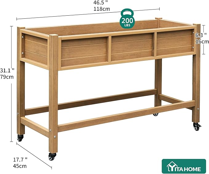 YITAHOME Raised Garden Bed HDPE 47x18x31In Poly-Wood Weather-Resistant Raised Flower Bed Elevated Planter Box with Lockable Wheels for Vegetables Brown