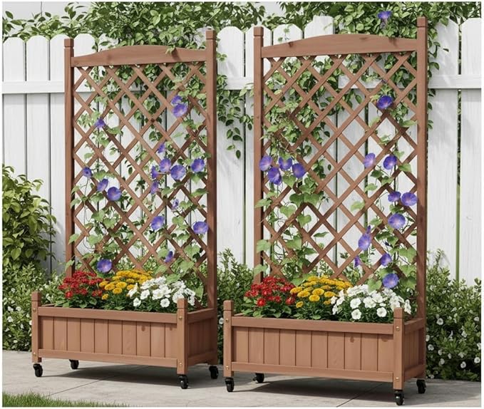 Raised Garden Bed with Tr2 Pack Outdoor Wooden Planter Box Plant Stand with Climbing Racks