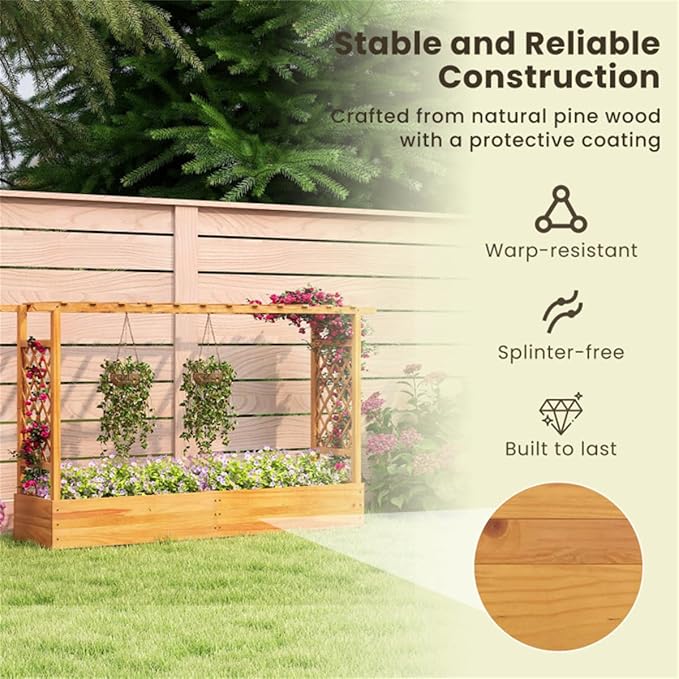 Pine Wooden Raised Garden Bed with Trellis &amp Flat Roof Planter Box for Climbing Plants Outdoor Planting Stand Roof Climbing Plant Support Raised Beds Backyard Planter Wooden Garden Planter