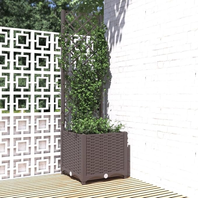 Brown Polypropylene Outdoor Garden Planter 15.7x15.7x53.5 Inch Square Raised Planter Box with Trellis for Climbing Plants