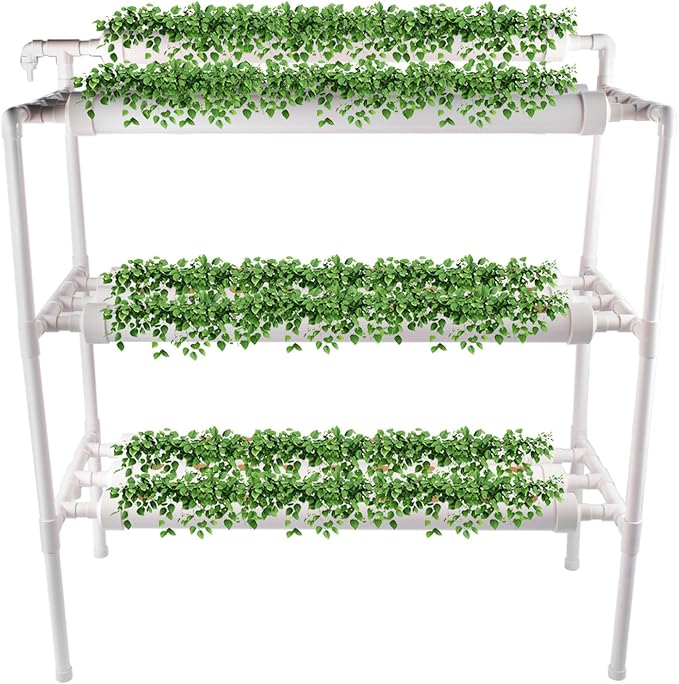 Hydroponic Grow Kit 3 Layer 90 Plant Sites 10 Food-Grade PVC-U Pipes Hydroponics Planting System with Water Pump Pump Timer Nest Basket and Sponge for Leafy Vegetables