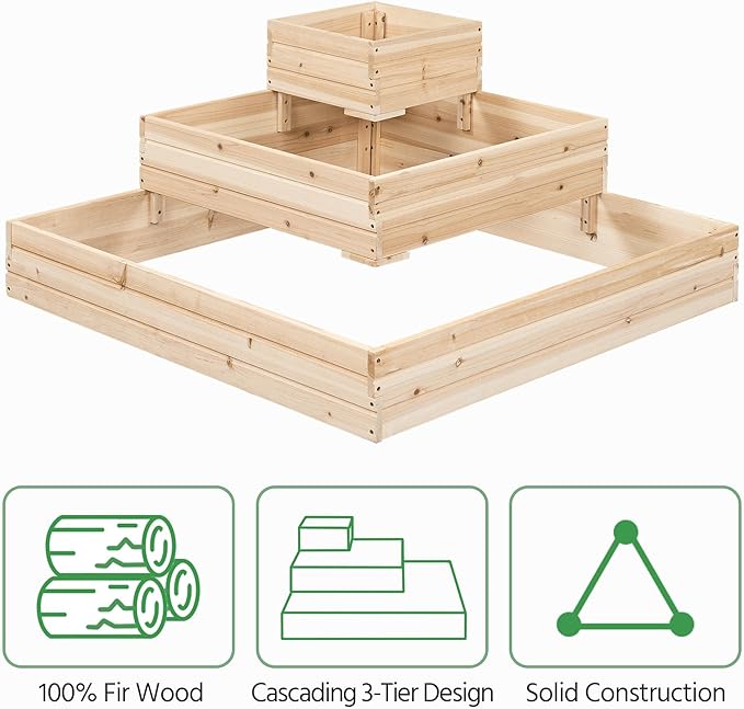 Yaheetech 3 Tier Wooden Raised Garden Bed 44.5'' L×44.5″ W×20.5″ H Horticulture Open-Bottom Planter Raised Garden Bed for Flowers/Herbs/Vegetables Planter Flower Box