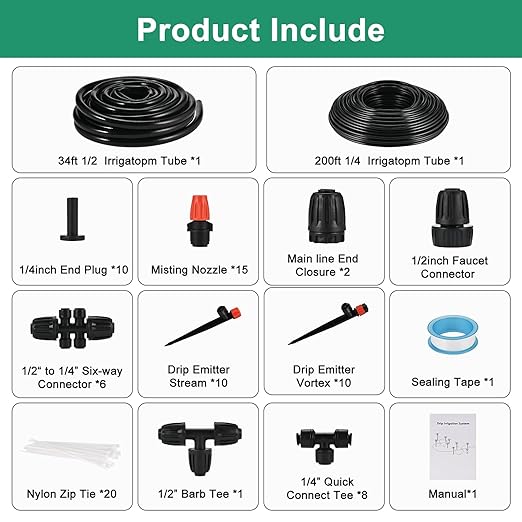 Complete 234FT Drip Irrigation System with 87 Quick Connectors - Automatic Sprinkler Kit for Lawn Raised Bed Greenhouse &amp Plant Watering. Includes 1/4'' Tubing Drip Emitters &amp Connectors