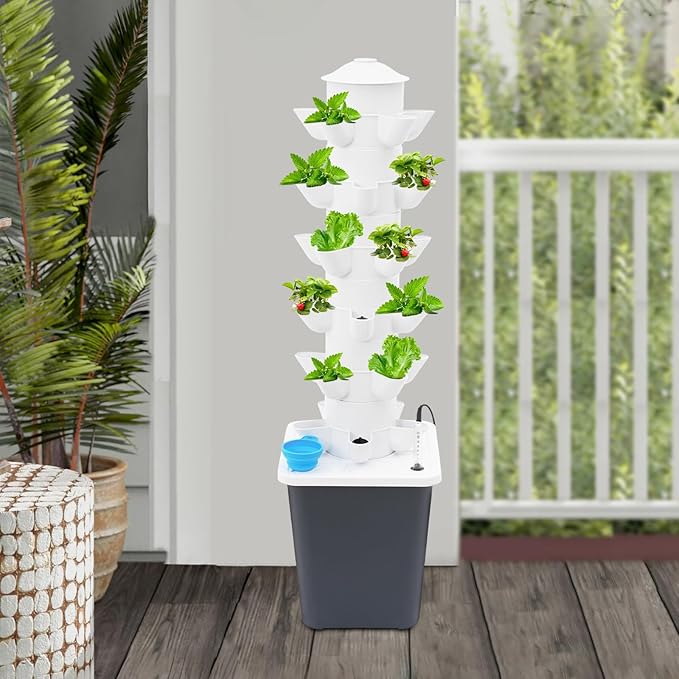 Garden Hydroponics Vertical Growing System Kit 30 Hole Hydroponic Grow Tower with Water Level Gauge and 2.64-Gallon Water Tank Indoor Garden Tower for Lettuce (White30Hole)