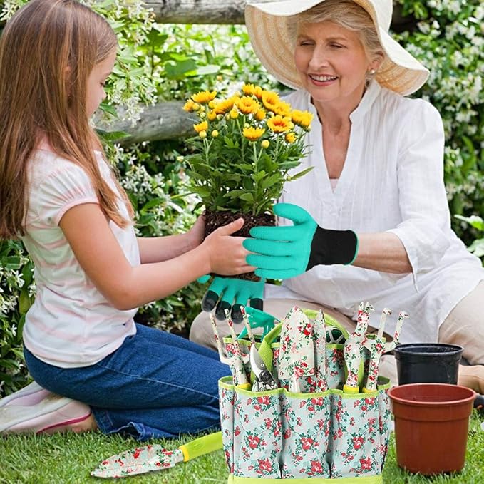 Gardening Tool Set - 13 PCS Heavy Duty Aluminum Gardening Tools Kit Floral Print Garden Tool Set with Non-Slip Rubber Handle &amp Durable Storage Tote Bag Gardening Supplies Gifts for Women Men