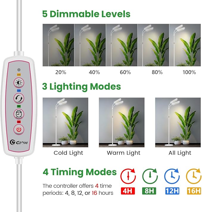 Wiaxulay Grow Lights for Indoor Plants 306 LED Full Spectrum Plant Light with Stand Height Adjustable 24-68 in for Growing Large Tall Plants 4/8/12/16H Timer3 Lighting Modes5 Brightness (2 Heads)