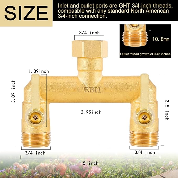 EBH Garden Hose Splitter Full Flow Outdoor Faucet Splitter 2-Way High Flow Brass Heavy Duty Hose Splitter with Long Metal Handle。