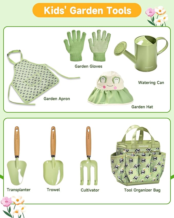 Handmade Kids Gardening Tools Set - 8Pc Artisan Garden Kit with Real Wood Handles Metal Heads Frog Hat Panda Apron &amp Tote - Nature Learning Gift for Toddlers &amp Kids (Sage Green)