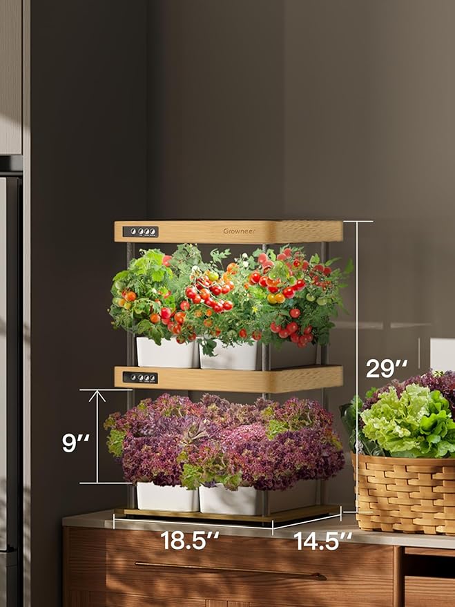 GROWNEER HydroEasy1.0 Hydroponic Growing System 2-Tier Indoor Garden with Full-Spectrum LED Grow Lights 32 Pods Solid Wood Design Independent Water Circulation Ideal for Vegetables Herbs Bamboo