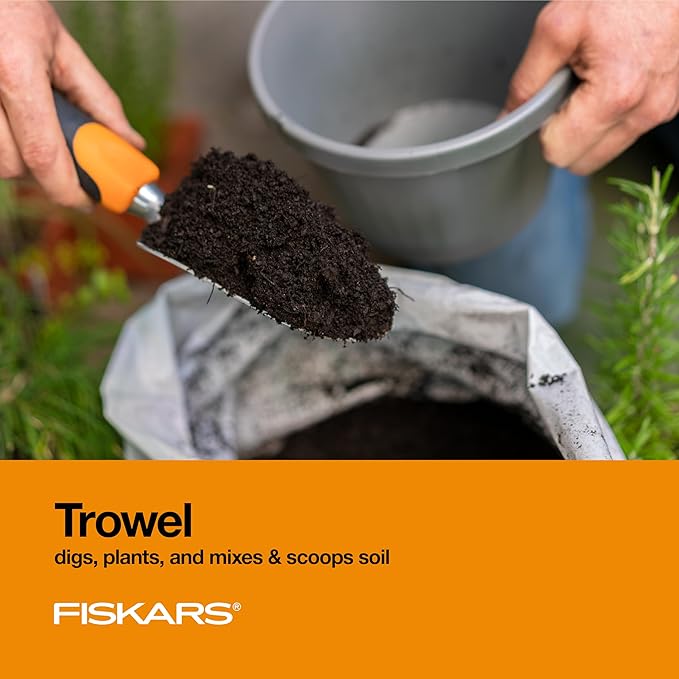 Fiskars 3-in-1 Garden Tool Set Polished Cast-Aluminum Heads for Rust Resistance Heavy-Duty Trowel Transplanter &amp Cultivator for Digging and Planting Non-Slip SoftGrip Handles Reduce Fatigue