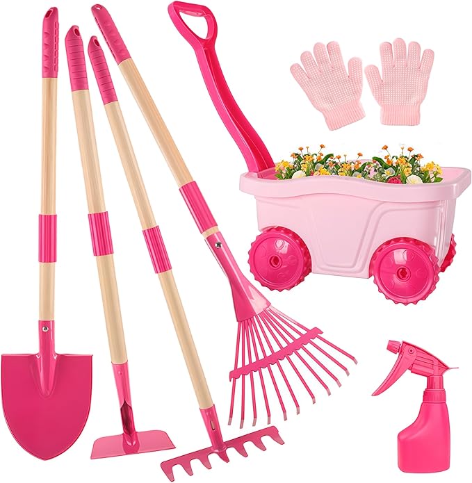 Kids Gardening Tools Outdoor Toys Set - Wheelbarrow Backyard Play Set for Kids with Shovel Rake Leaf Rake Summer Yard Digging Weed Toys Easter Birthday Gifts for Boys Girls Age 2 3+ Years Old