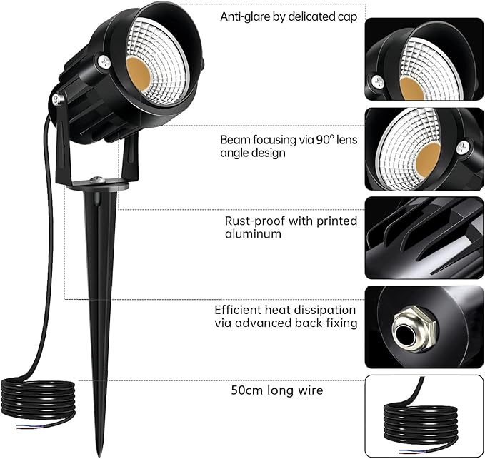 Low Voltage Landscape Lights 12 Volt LED Spotlight Outdoor Pathway Wired Yard Lights Garden Lawn 10W Landscaping Light 1000LM IP66 Waterproof Spot Lighting Warm White Garden Stake Tree Light